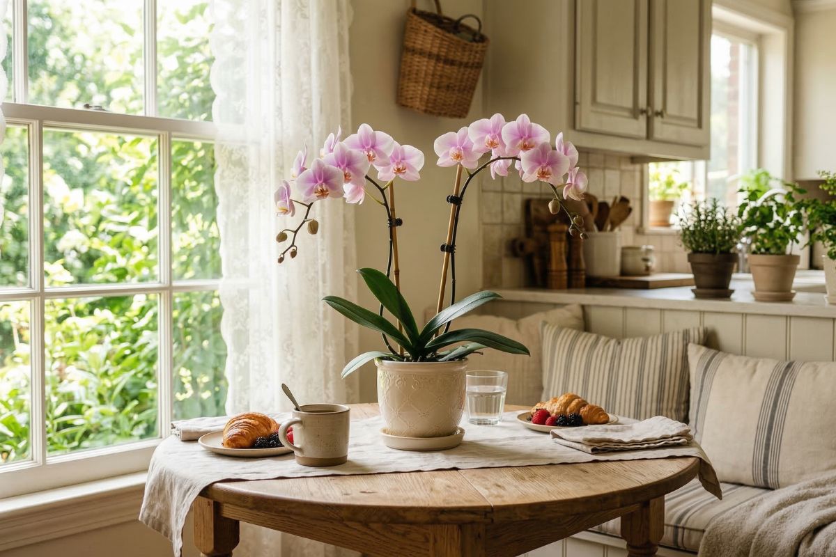 Pink orchid in a blue-and-white ceramic planter on a rustic round breakfast table with coffee, toast, and soft morning light in a cottage-style kitchen.