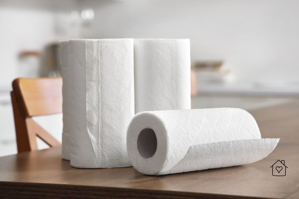 Three rolls of white paper towels on a kitchen table