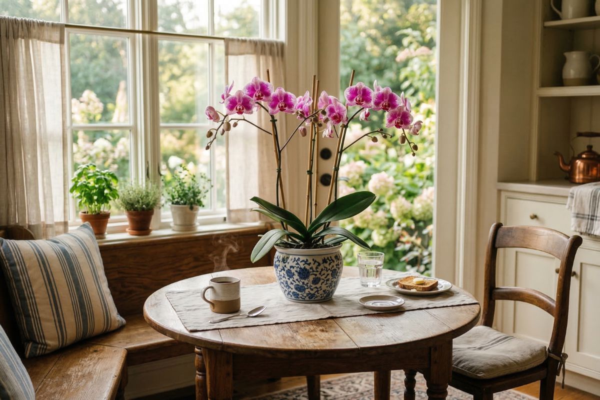 Pale pink orchid on a round wooden table beside a bright window, styled with linen, coffee, pastries, and neutral cushions in a warm, cozy kitchen corner.