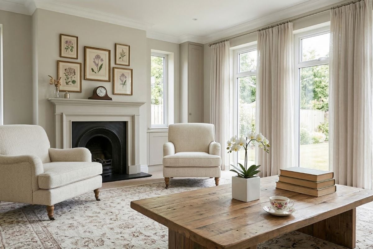Light neutral living room with soft upholstered chairs, a rustic wood coffee table, stacked books, and a white orchid in a simple planter for understated home styling.
