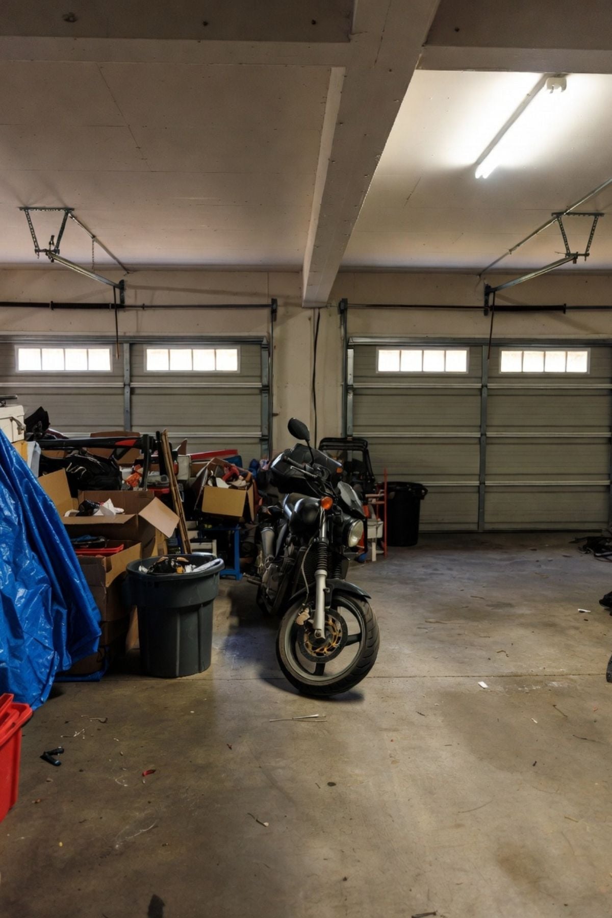 Cluttered garage with boxes, bins, and household items stacked along one side, with a motorcycle parked in the center before organization.