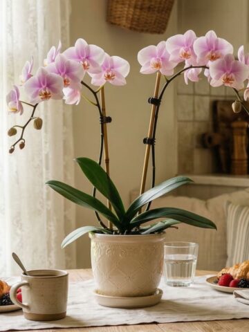 Featured image of pale pink orchids in a textured cream planter on a wooden table with coffee, pastries, and soft linen accents in a cozy kitchen corner.
