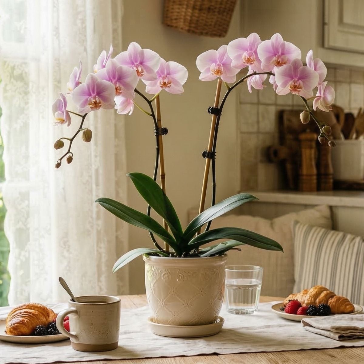 Featured image of pale pink orchids in a textured cream planter on a wooden table with coffee, pastries, and soft linen accents in a cozy kitchen corner.