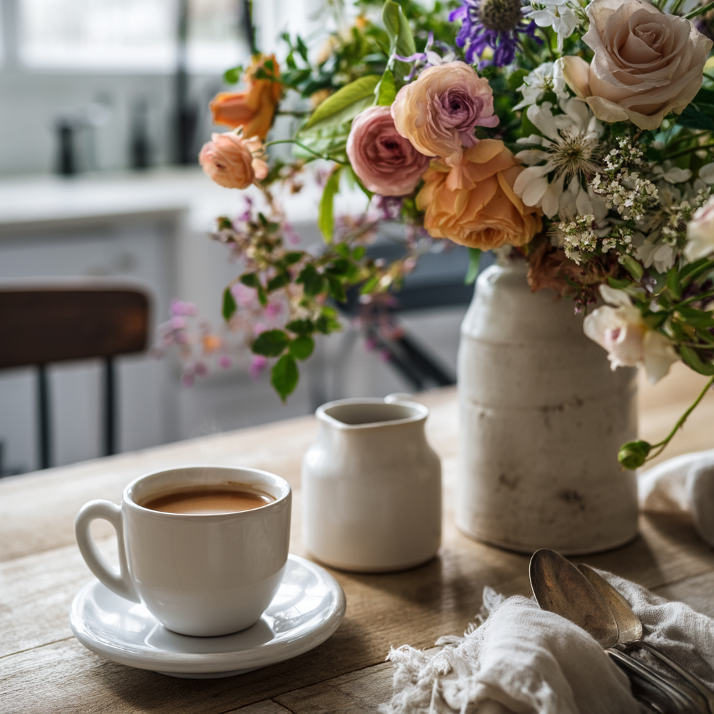 Simple cup of coffee with a small cream pitcher and fresh floral arrangement on a farmhouse-style kitchen table