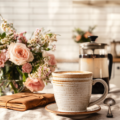 Barista-style coffee in a ceramic mug with fresh flowers, a French press, and a notebook on a cozy kitchen table