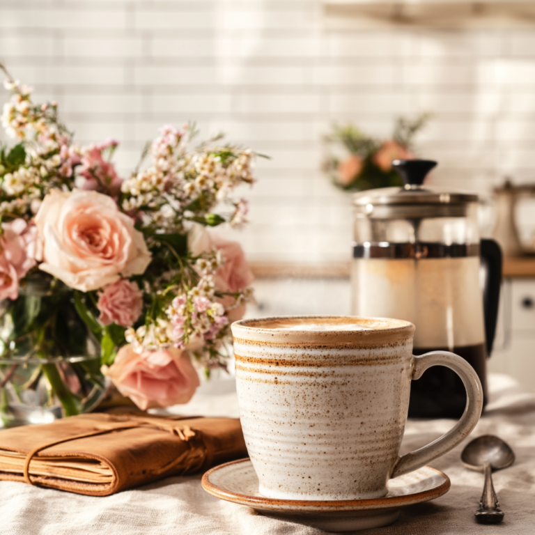 Barista-style coffee in a ceramic mug with fresh flowers, a French press, and a notebook on a cozy kitchen table