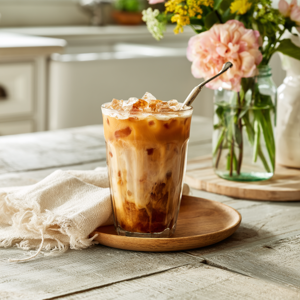 Tall glass of homemade iced coffee with milk swirling through it on a wooden tray beside flowers in a bright kitchen
