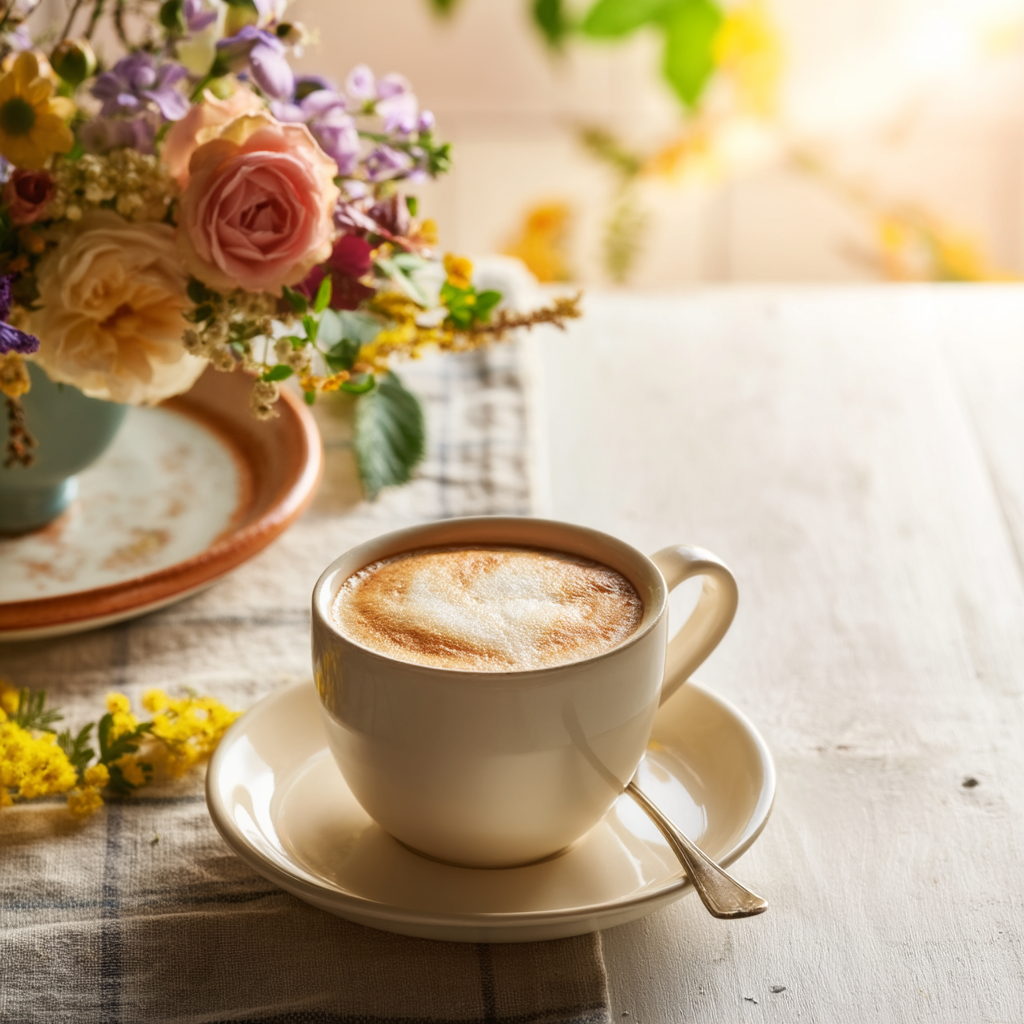 Creamy homemade latte in a white cup and saucer beside a colorful bouquet on a rustic table