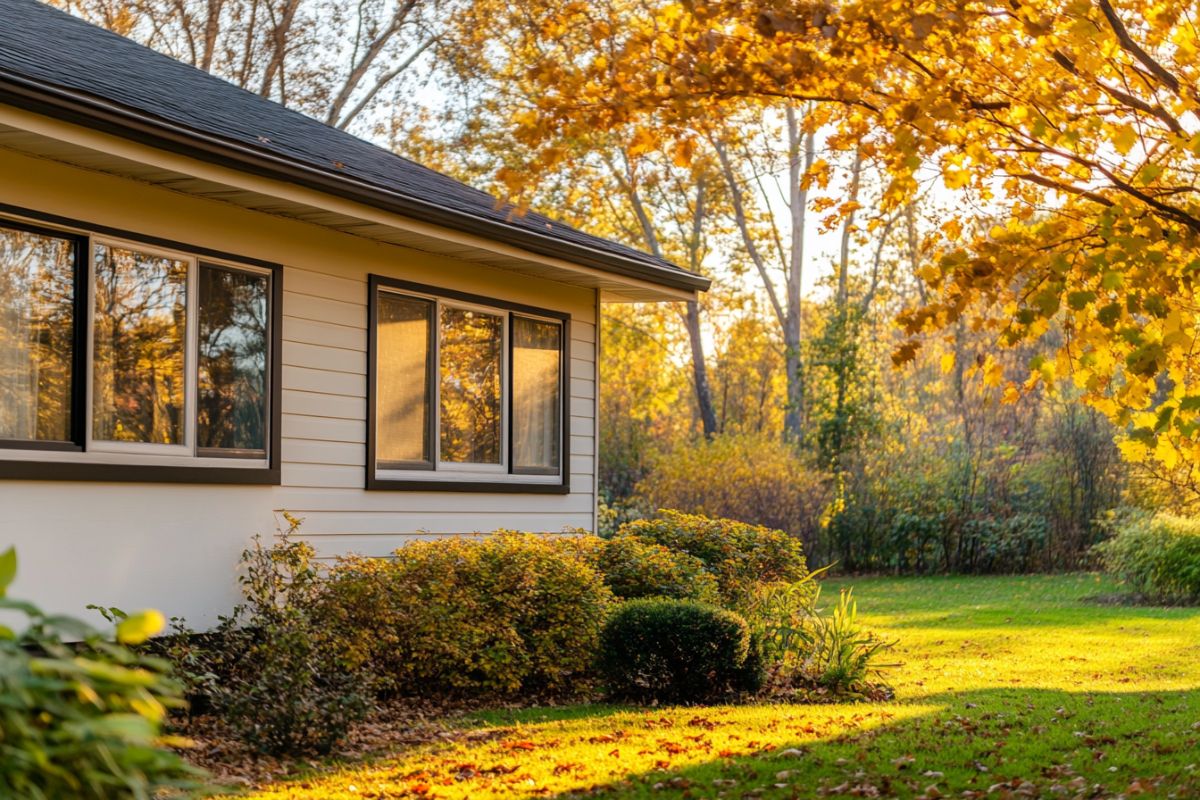The exterior of a beige ranch style home with large black trimmed windows surrounded by golden autumn foliage and green lawn