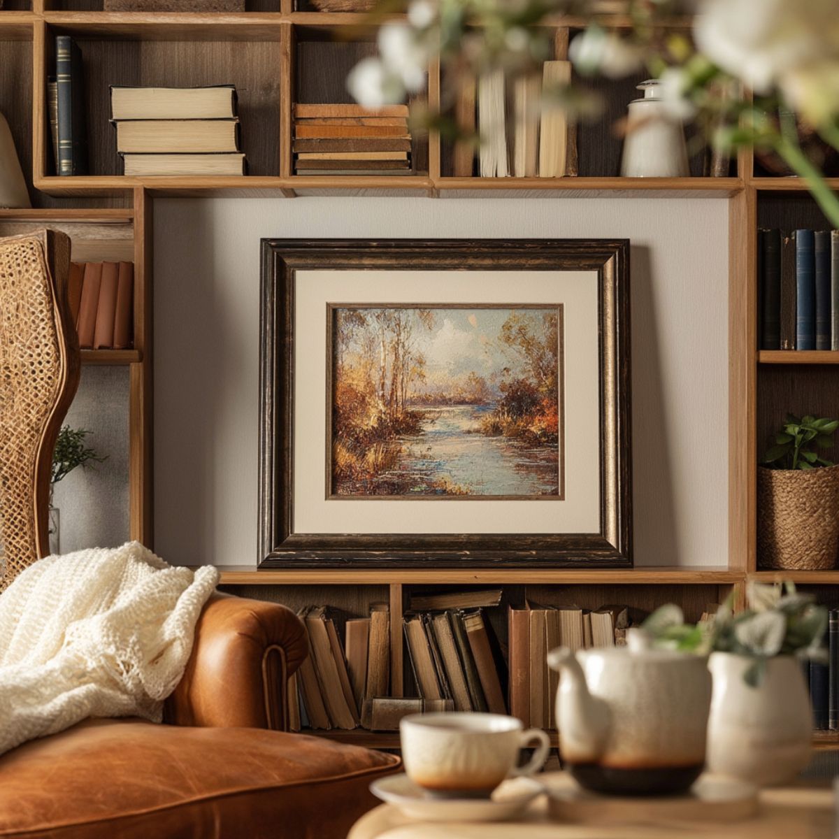 8x10 framed landscape artwork displayed on built-in wooden bookshelves above a cozy chair with stacked books, pottery, and warm neutral decor.