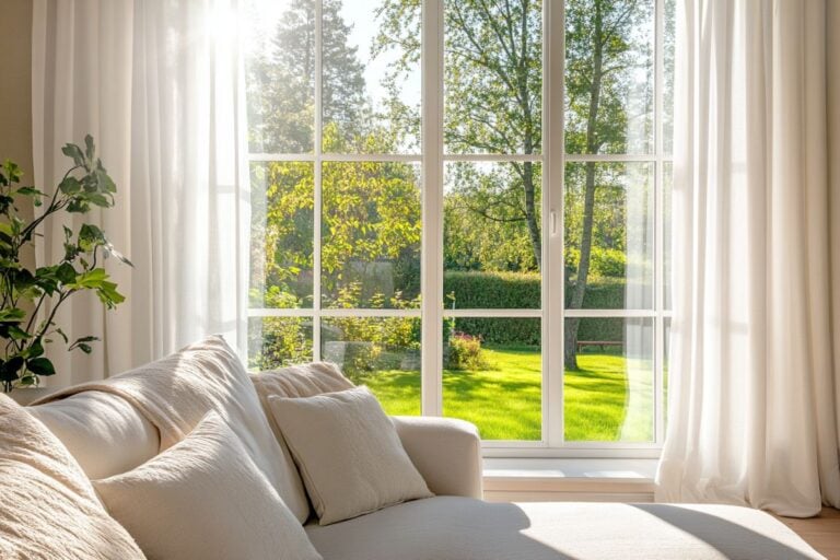 A bright airy living room with a large clean white-framed window overlooking a lush green yard, white sofa with cream pillows, and sheer curtains in natural light