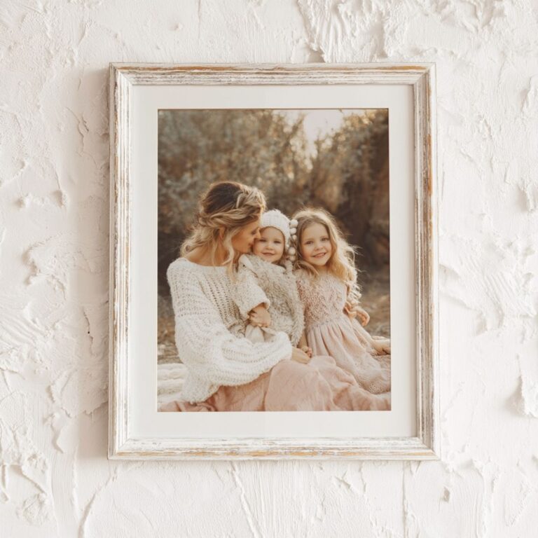 8x10 white distressed frame featuring a warm outdoor portrait of a mother with two young children against a textured white wall.