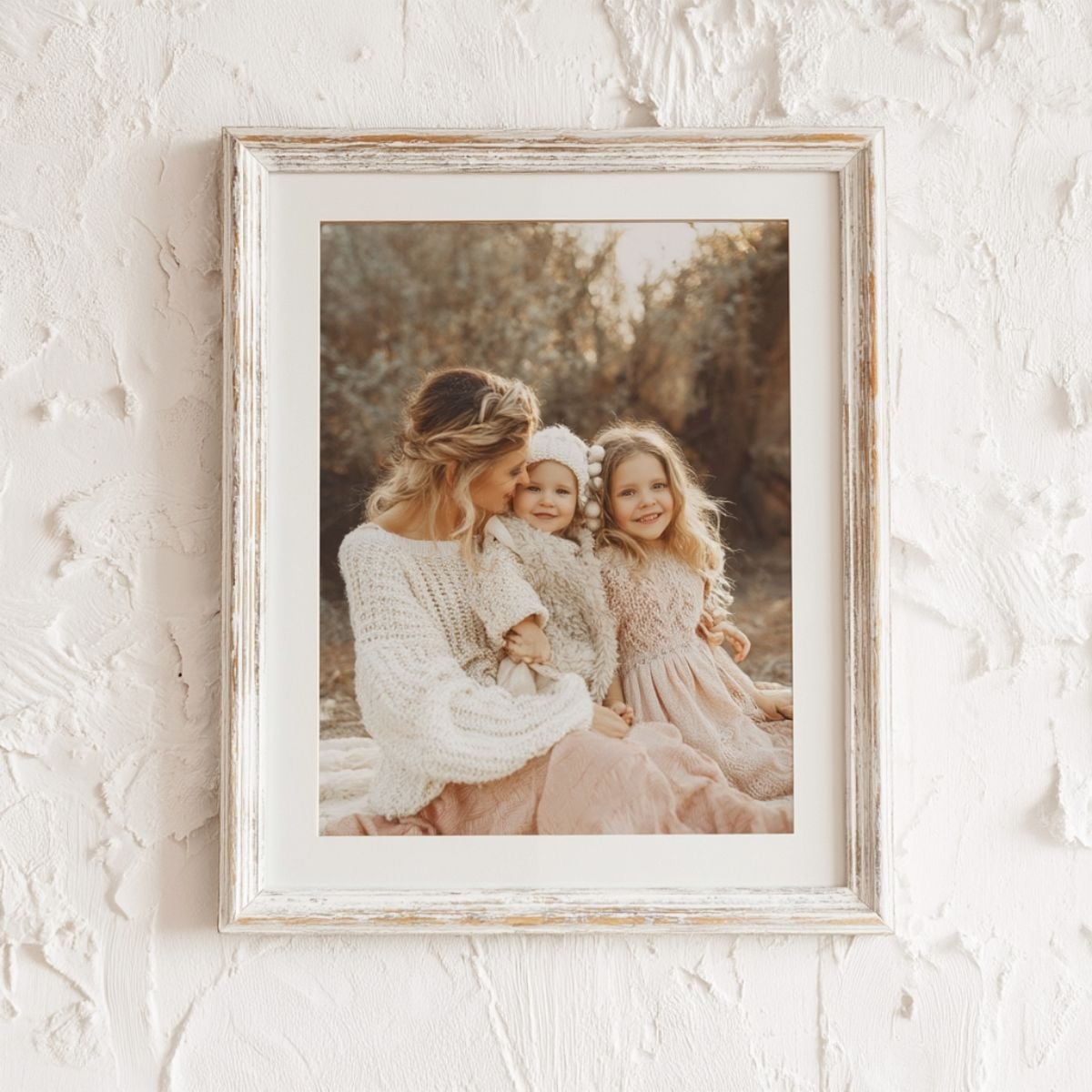 8x10 white distressed frame featuring a warm outdoor portrait of a mother with two young children against a textured white wall.