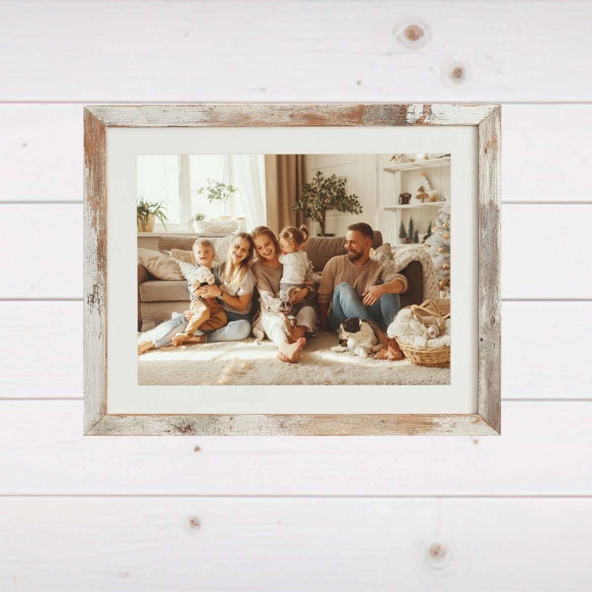 8x10 distressed white frame featuring a warm outdoor portrait of a mother with two young children against a textured white wall.