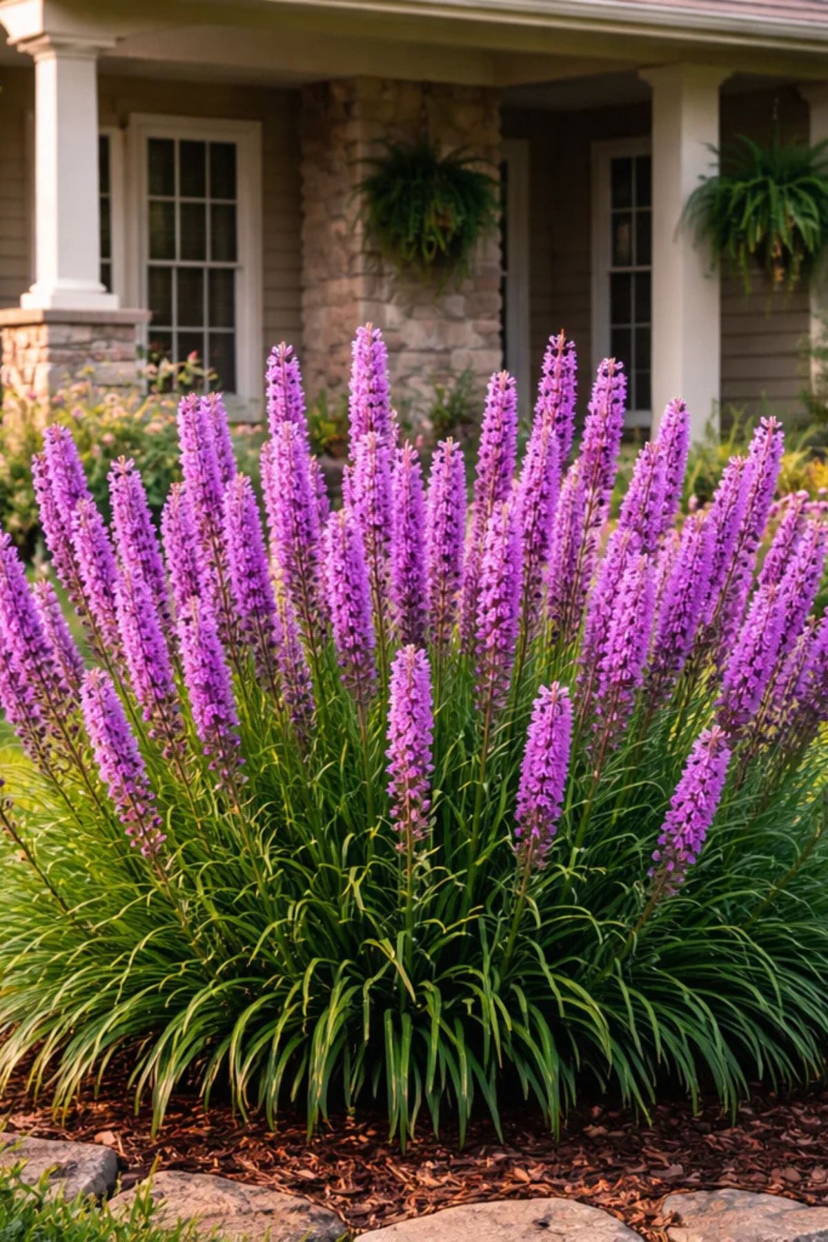 Blazing star liatris plants to attract pollinators growing in a landscaped front yard garden bed