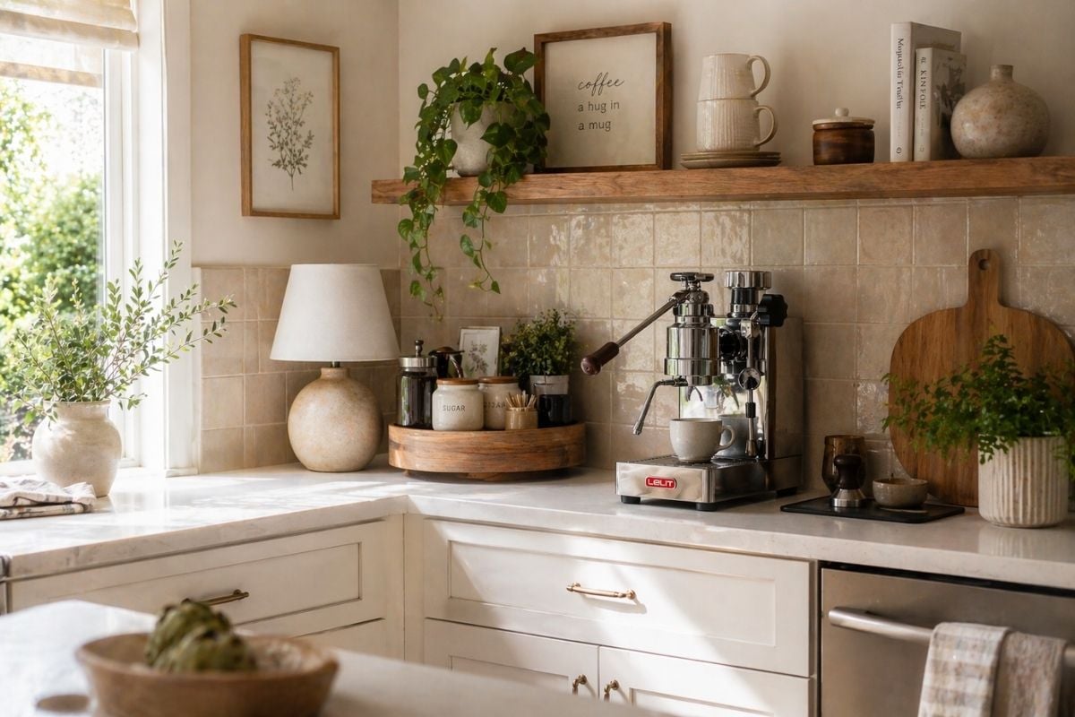 bright kitchen coffee corner setup near a window with espresso machine and floating shelf