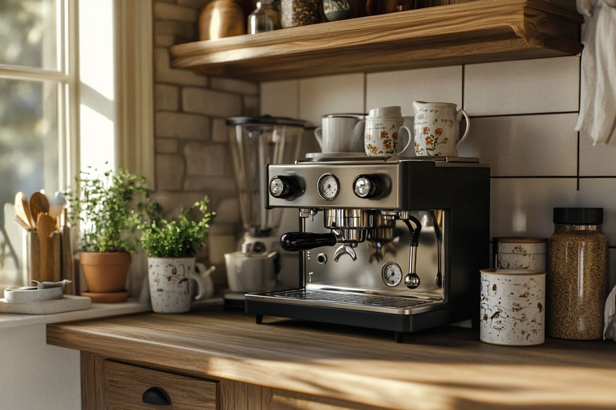 how to set up a coffee corner with a manual espresso machine and floating shelf