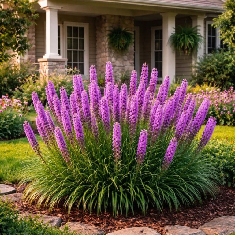 Blazing star liatris plants to attract pollinators growing in a landscaped front yard garden bed