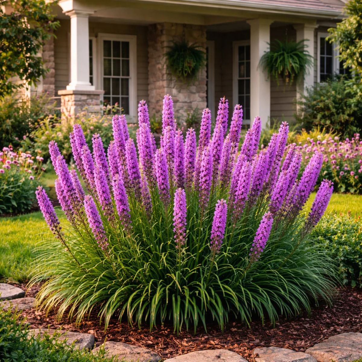 Blazing star liatris plants to attract pollinators growing in a landscaped front yard garden bed