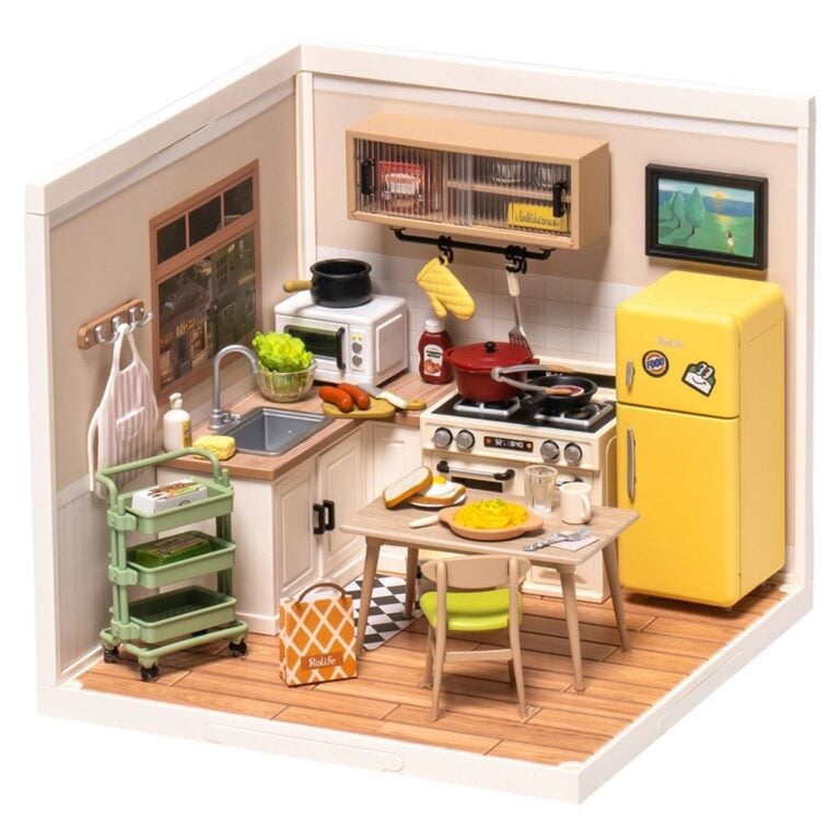 Rolife Happy Meals Kitchen miniature DIY kit with yellow refrigerator, table, stove, sink, and cozy kitchen decor
