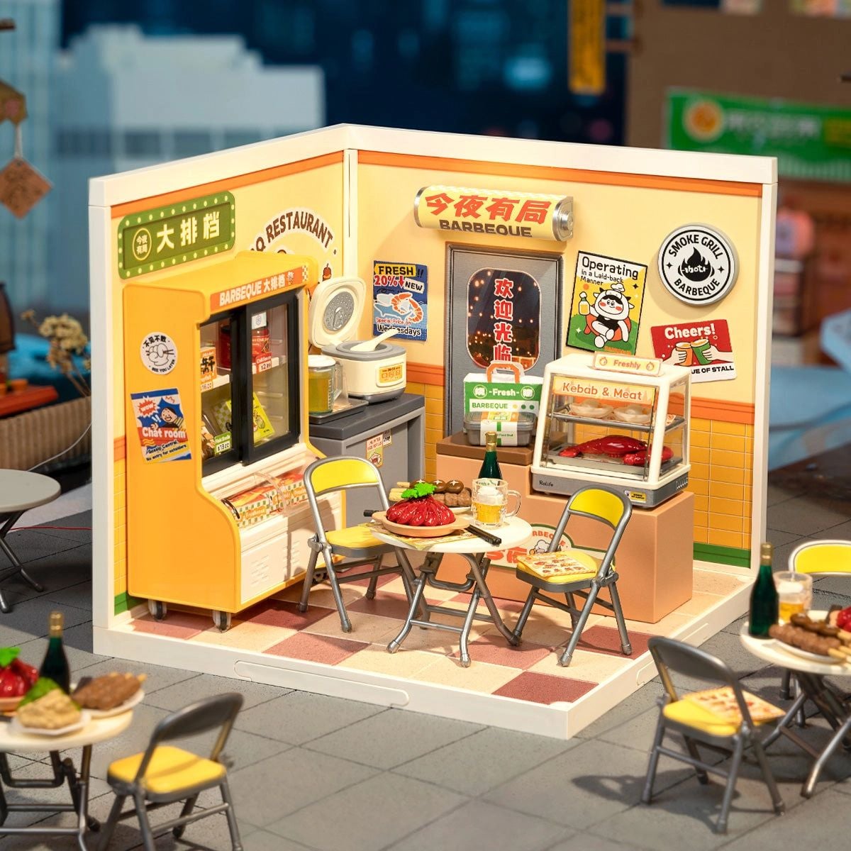 Rolife Night Out Food Stall miniature DIY kit with barbecue stall, table, chairs, bright signs, and detailed street food scene