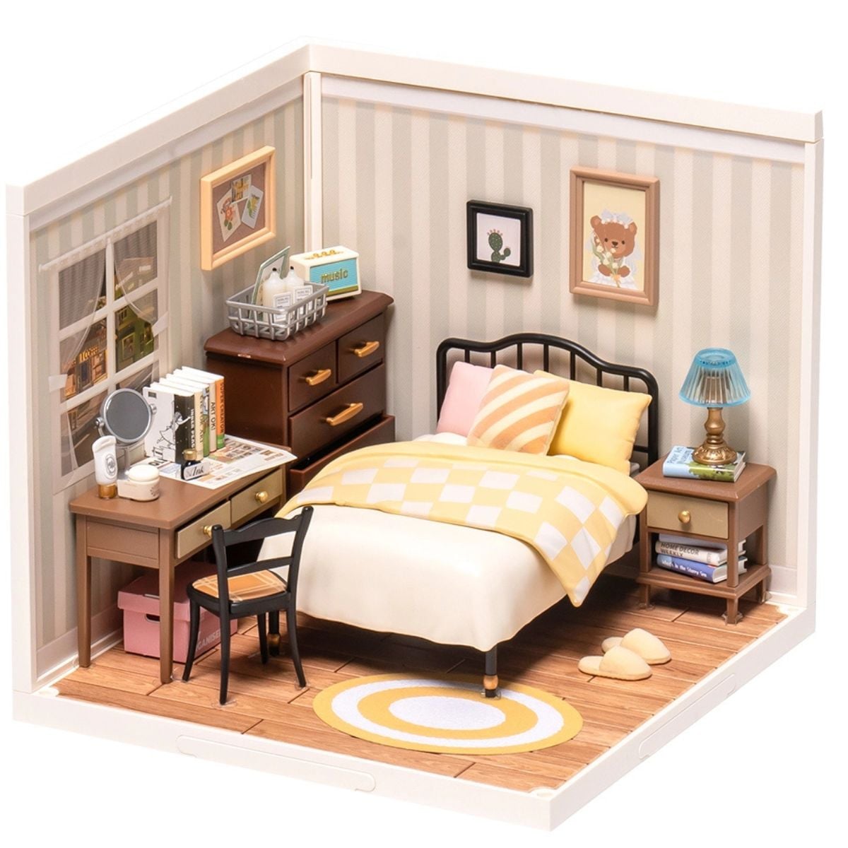 Rolife Sweet Dream Bedroom miniature DIY kit with cozy bed, bedside table, lamp, vanity desk, and soft decor accents