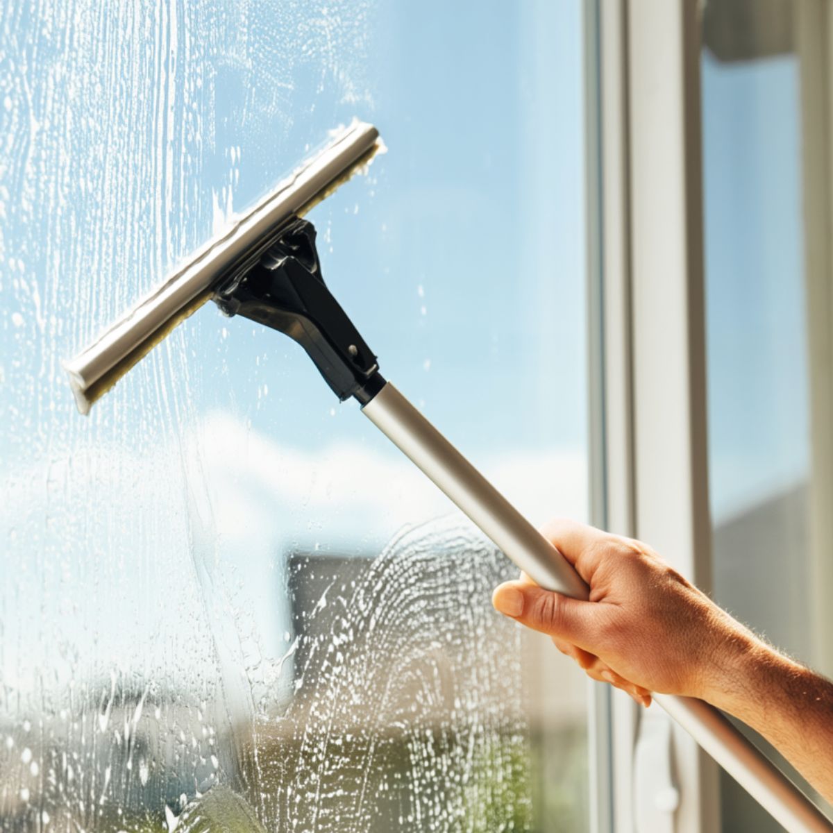 A hand using a silver squeegee with an extension handle to clean a large soapy exterior window with blue sky visible through the glass