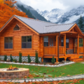 tiny retreat-style cabin surrounded by mountains in autumn