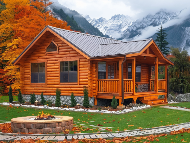 tiny retreat-style cabin surrounded by mountains in autumn