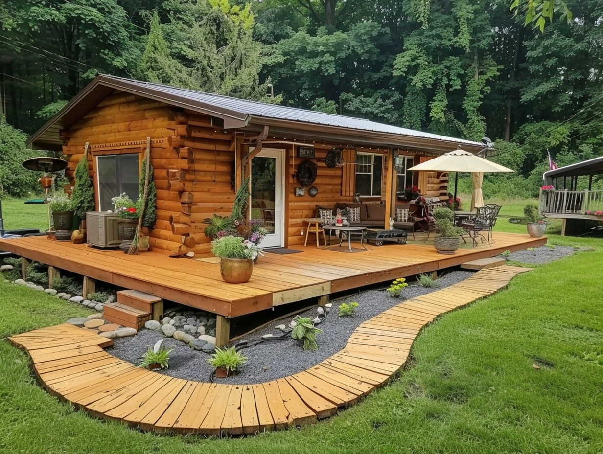 small log cabin with spacious deck in a wooded setting