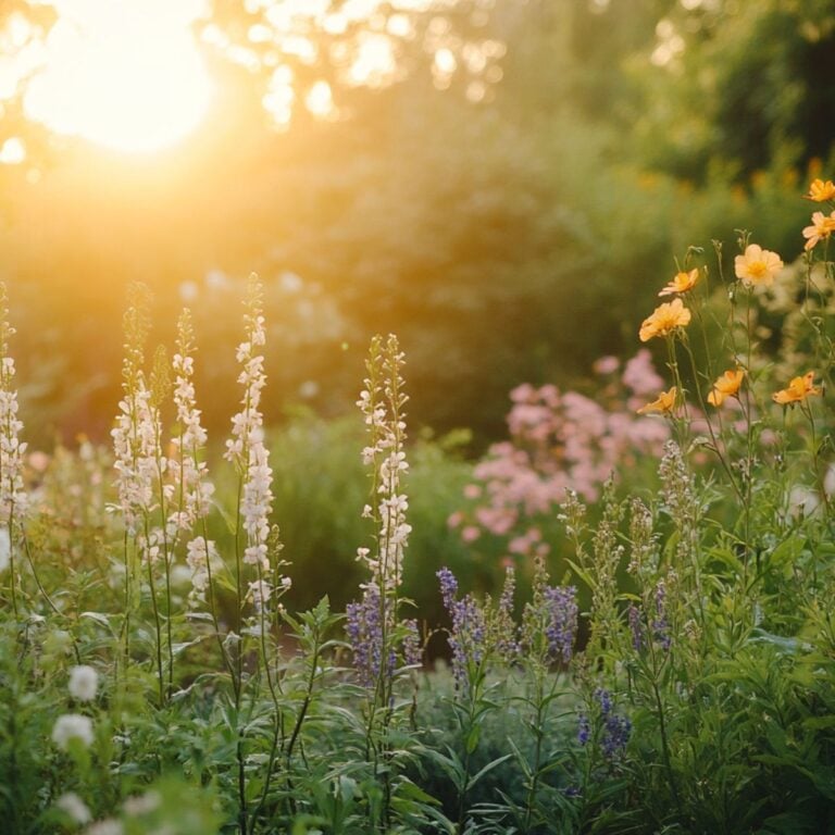 native plant garden in bloom with wildflowers at golden hour
