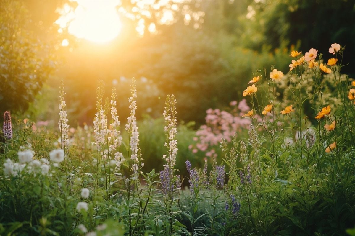 native plant guide by zone wildflower garden at golden hour