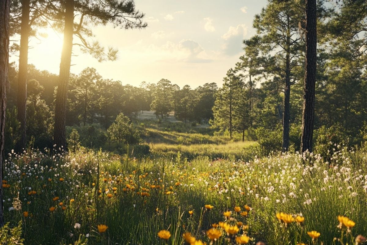 southern landscape with loblolly pine trees and native wildflowers zones 8-9