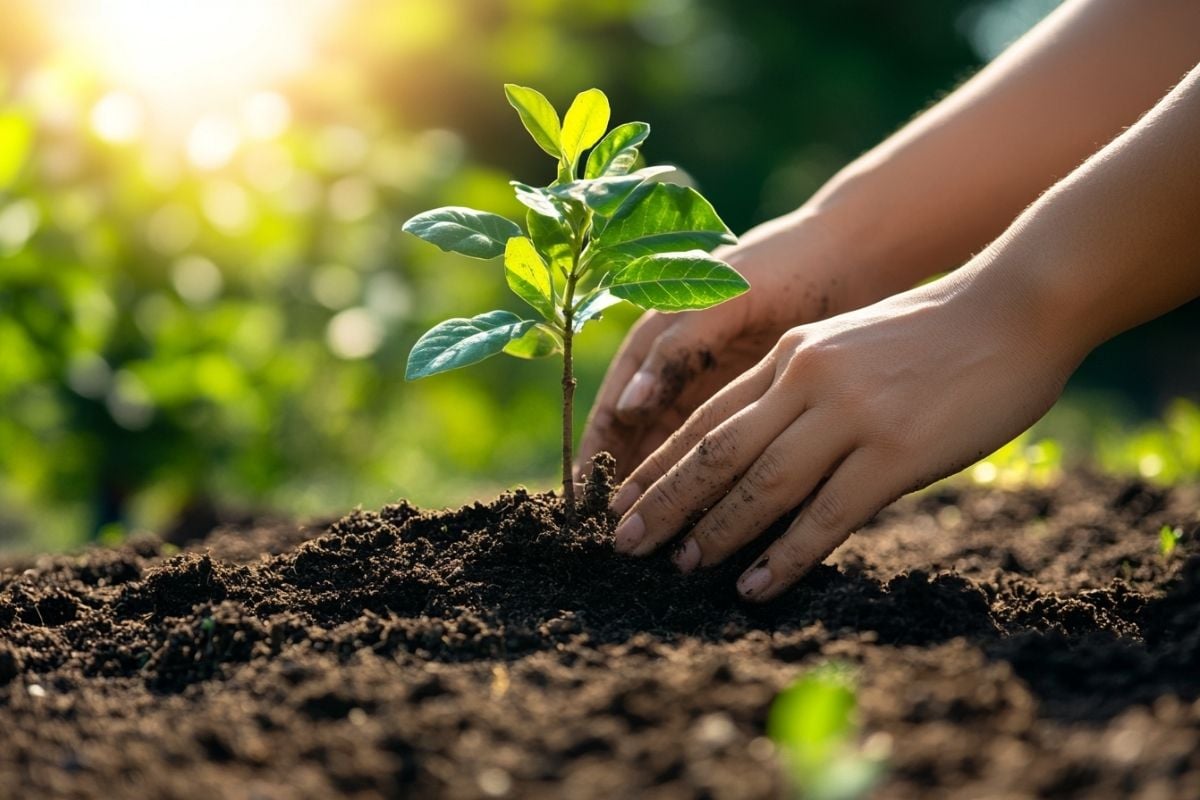 hands planting a native tree seedling in rich garden soil