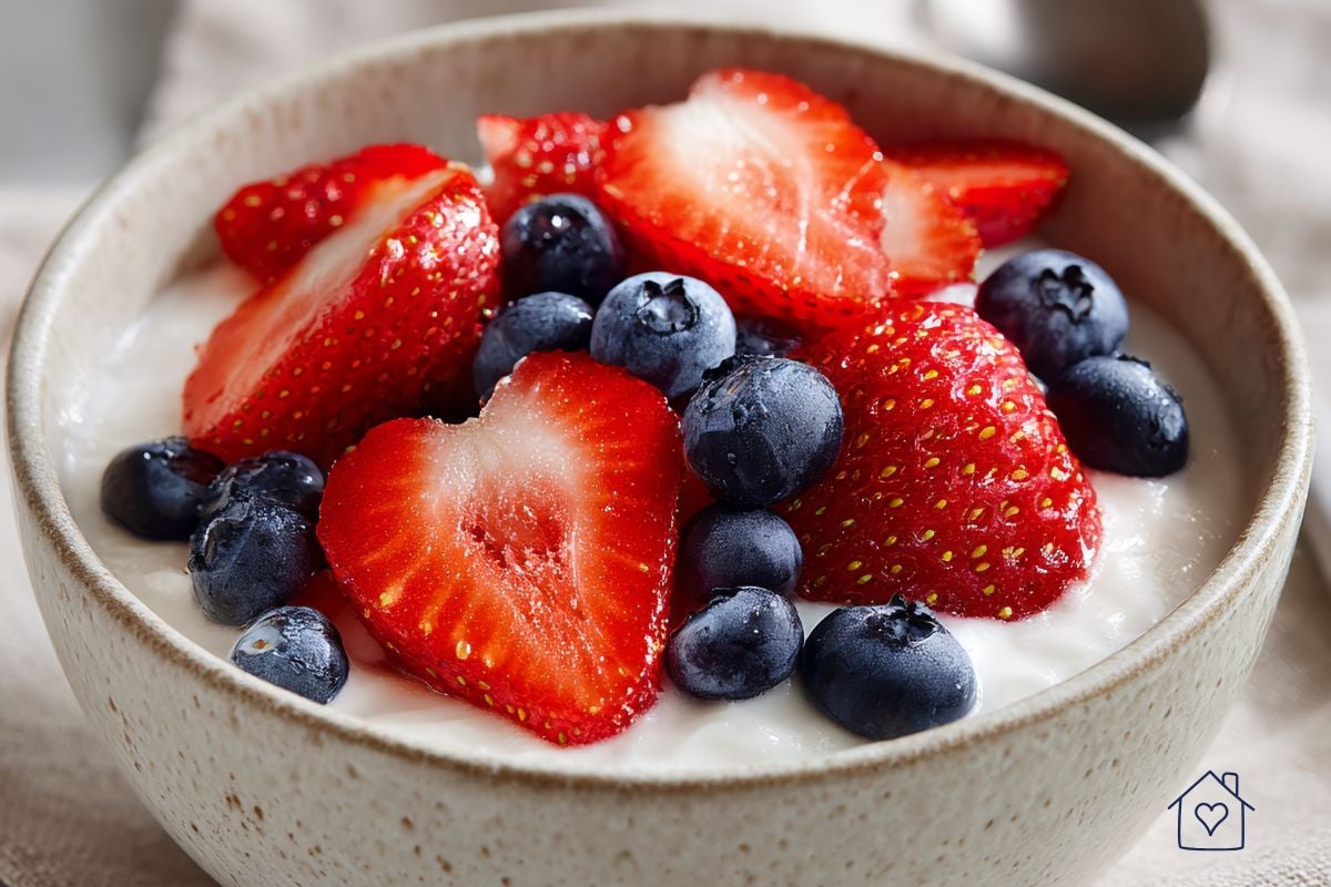 Quick breakfast protein meal with yogurt, strawberries, and blueberries for athletes