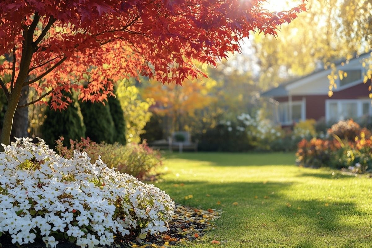 red maple tree in fall color with white dogwood blooms in backyard garden