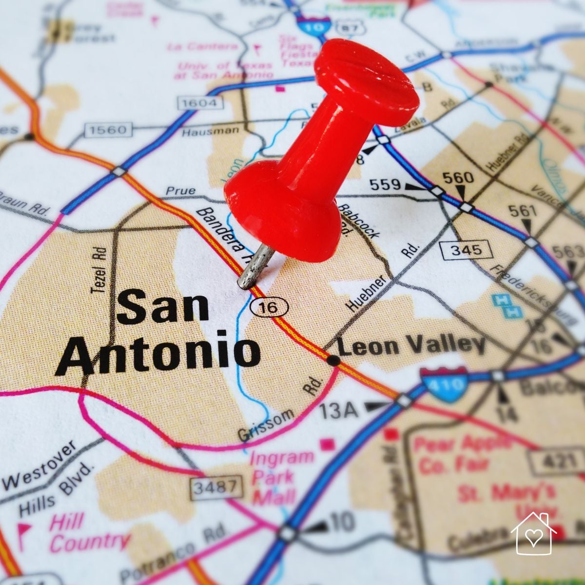 Map with pin marking San Antonio location for choosing a neighborhood with fire safety in mind