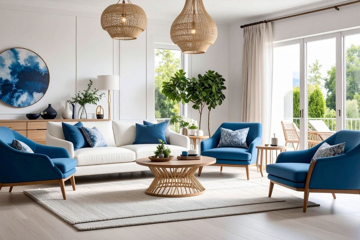 Beige area rug styled under a round coffee table in a bright living room with blue accent chairs and neutral decor