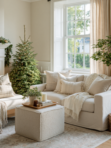Minimalist holiday living room with a small Christmas tree, warm lights, neutral pillows, cozy throws, greenery, and natural textures.