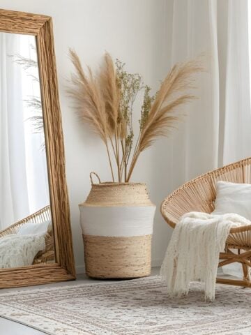 Beige patterned rug styled in a neutral boho corner with a rattan chair, woven mirror, basket vase, and pampas grass