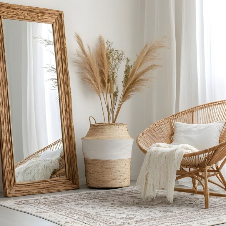 Beige patterned rug styled in a neutral boho corner with a rattan chair, woven mirror, basket vase, and pampas grass