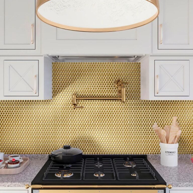 Gold 12x12 Glossy Penny Round Porcelain Mosaic Tile