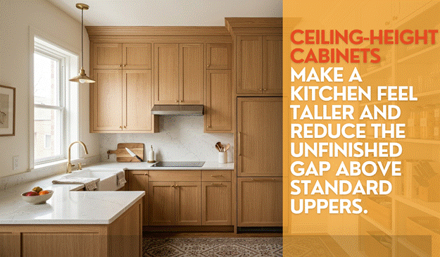 A kitchen with warm wood cabinets extended to the ceiling to make the space feel taller and more finished.