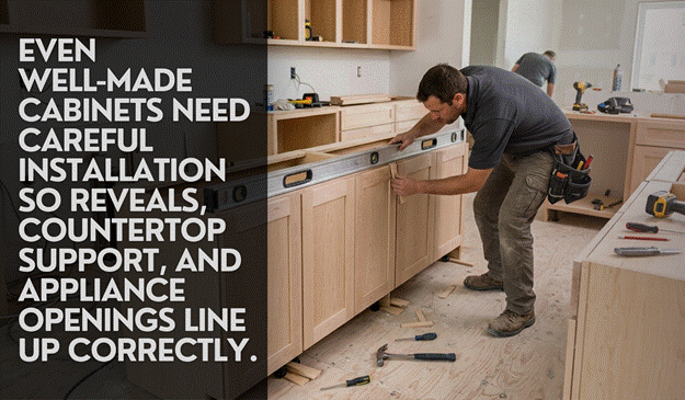 A contractor installs and levels kitchen cabinets during a renovation to make sure doors, drawers, countertops, and appliance openings line up correctly.