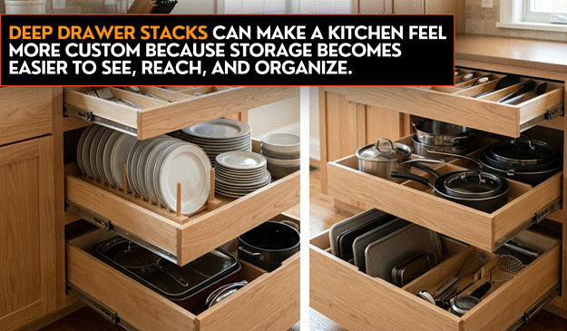 Open deep kitchen cabinet drawers holding dishes, pans, lids, and kitchen tools for easier storage and organization.