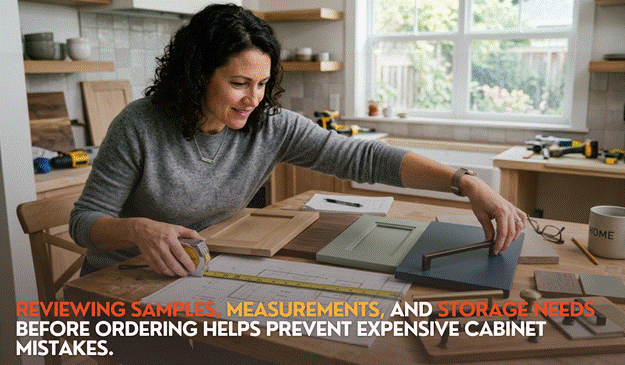 A woman reviews cabinet samples, measurements, and storage needs at a kitchen table before ordering cabinets for a renovation.