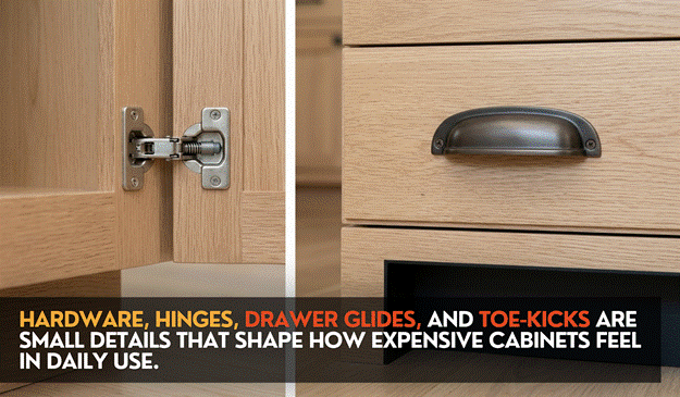 Close-up of cabinet hinges, drawer hardware, and toe-kick details that affect how kitchen cabinets look and function every day.