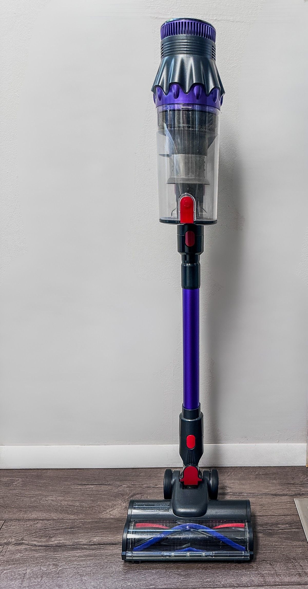 FEPPO cordless stick vacuum standing upright on a hard floor, showing its lightweight stick vacuum design for everyday home cleaning.