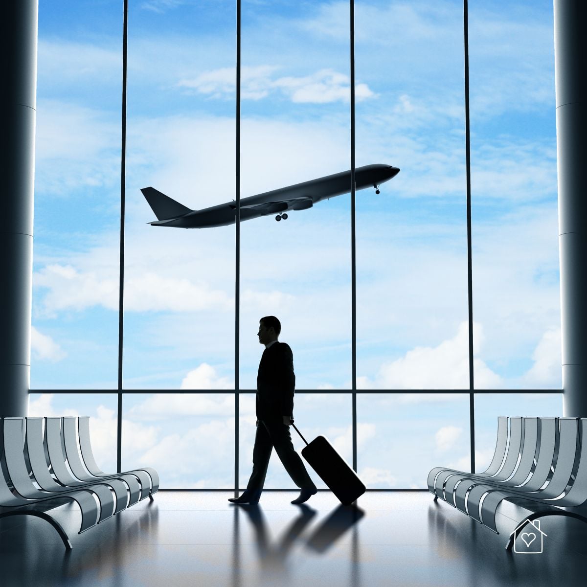 modern airport with large windows and a jet taking off
