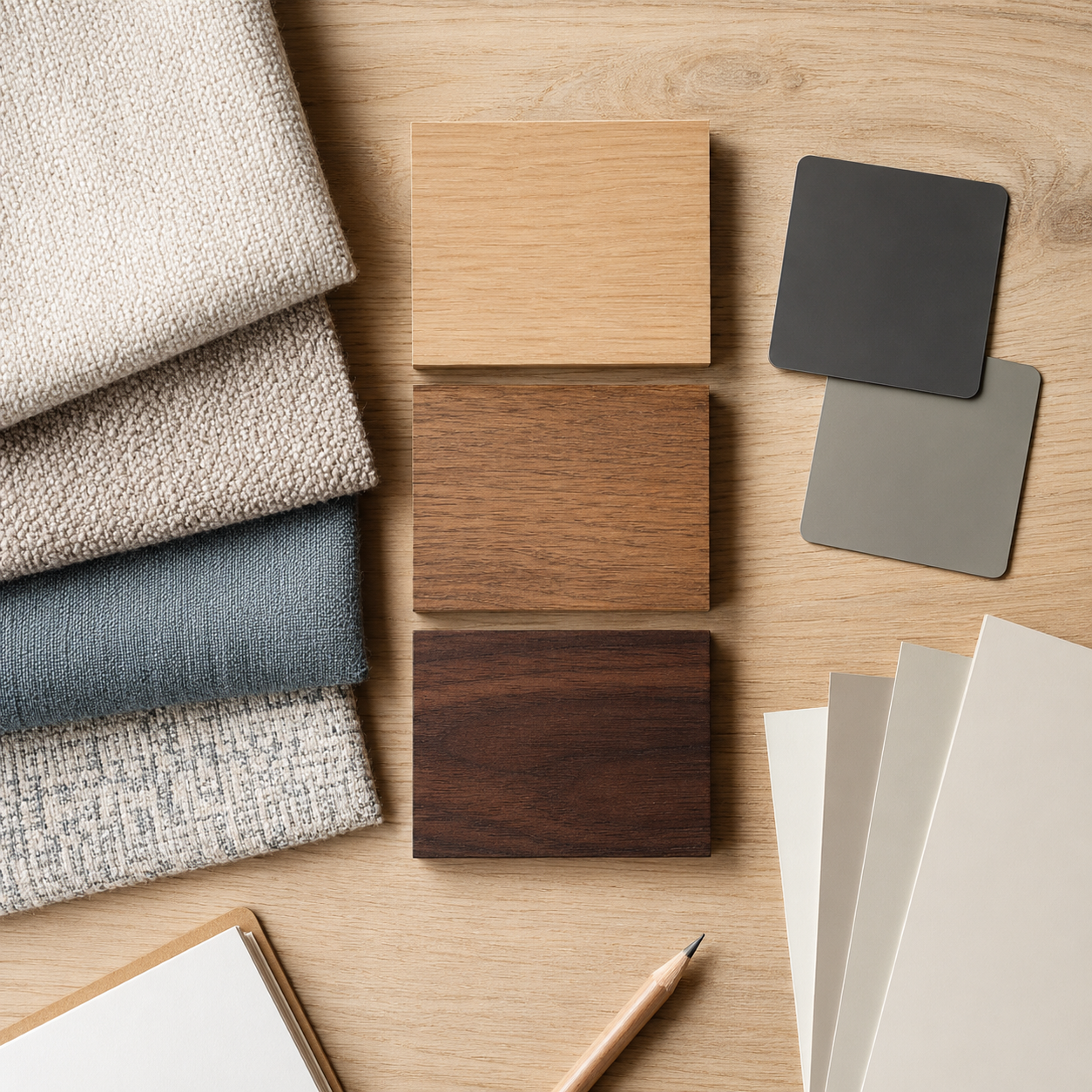 A flat lay of fabric swatches, wood finish samples, and paint chips laid out on a table for building a room makeover mood board